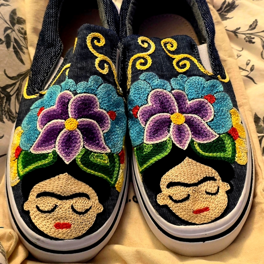 Frida Kahlo hand stitched slip-on tennis shoes